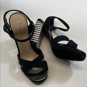 N by Nicole Miller Black Strappy Block Heel Sandal Striped Heel Sz 6